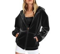 Black Oversized Hoodie Women Zip Up Jacket with Pockets, Ladies Velvet Jackets Fleece Hoodies Baggy Sweatshirts, Drawstring Hoodies Long Sleeve Cardigans Tunic Tops, Casual Work Streetwear L