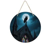 Black Owl on Church Welcome Sign for Front Door 7.9 Wooden Flower Door Hanger, Rustic Round Large Wood Plaque Wall Hanging Decor for Front Porch Outdoor Farmhouse Home Decorations