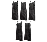 (Black, Pack of 5) Woven Stripe Cotton Butchers Kitchen Apron with Pocket