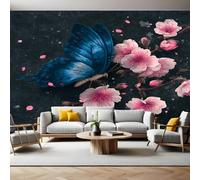 Black Panoramic Mural Wallpaper 390 x 260 cm Blue Butterfly and Cherry Blossoms Wall Mural Non-Woven Art Print Wallpaper Living Room Bedroom Sofa TV Backdrop Decoration Poster Picture Photo