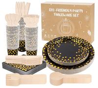 Black Paper Plates, Anstore 200pcs Black Party Tableware Set, Plate and Cutlery Set with Gold Polka Dots Including Plates, Spoon, Fork, Knife, Cups, Napkins Serves 25 Guests for Wedding Party Birthday