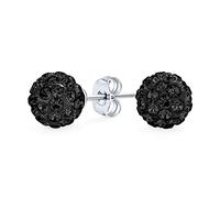 Black Pave Crystal Disco Ball Stud Earrings for Women and Teens - Round, Simple, Basic Design - .925 Sterling Silver - 8MM