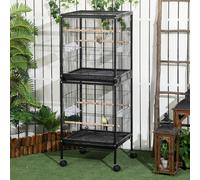 (Black) PawHut 2 In 1 Large Bird Cage Aviary with Wheels, Slide-out Trays Wood Perches