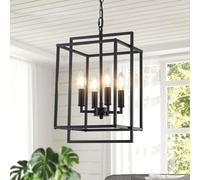 Black Pendant Light Industrial, 4-Light Vintage Lantern Kitchen Island Chandelier, Adjustable Height Geometric Hanging Ceiling Pendant Light Fitting for Dining Room Living Room Hallway Bedroom Foyer