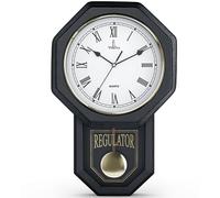 Black Pendulum Wall Clock - Real Wood Regulator Clock - Rustic, Farmhouse Schoolhouse Design 18x11 - Quiet, Non-Chiming, Wooden & Battery Operated - Decorative Wall Decor for Living Room, Home, Office