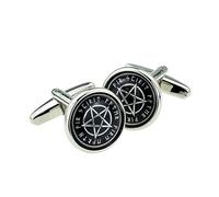 Black Pentagram Round Bordered Design Cufflinks Presented in a Cufflink Box