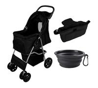 Black Pet Stroller Pushchair for Cats & Dogs Folding Travel Buggy 15kg Capacity 4 Wheels Brakes Canopy Basket Cup Holder Rain Cover Caddy Bag Plus Collapsible Food & Water Bowl Bundle