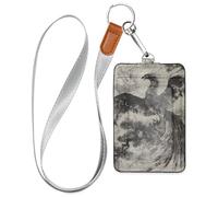 Black Phoenix Bird Chinese Ink Painting Leather Badge Holder Vertical with Lanyard and 3-Card Capacity Card Holders for Staffs Officers Students Doctors Employees