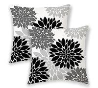 Black Pillow Covers 18x18 Inch 2 Pcs,Grey Colored Geometric Dahlia Decorative Throw Pillows,Summer Gray Flower Outdoor Decor Pillowcase Linen Square Cushion Cover Gift for Car Couch
