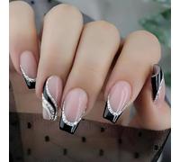 Black Pink Gradient Square False Nails with Silver Glitter Wave Design - Short Acrylic French Tip Press On Nails for Women, Party, Evening, Daily Wear Fashion Glossy Manicure Kit