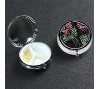 Black Pink Green Leaves Pill Box with Mirror 3 Compartment Decorative Pill Case for Purse or Pocket Small Round Pill Organizer Weekly Metal Medicine Tablet Vitamin Holder Travel Gift