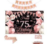 Black Pink Happy 75th Birthday Banner Backdrop Kit with Sash,Cake Topper-1.8m x 1.15m Birthday Decorations for Parties,Photography Party Supplies for Women Ladies (75th)