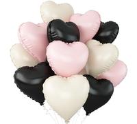 Black Pink White Heart Balloons,12Pcs 18Inch Black Cream White Baby Pink Heart Shaped Foil Helium Polyester Film Balloons for Baby Shower Birthday Anniversary Wedding Engagement Party Decorations