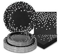 Black Plates and Napkins Party Supplies,Black Paper Plates Severs 50,Black and Silver Party Decorations for Birthday Retirement Wedding New Years Decorations