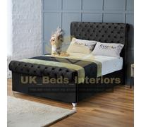 (Black Plush, Double 4ft6") Upholstered Velvet Sleigh Double Bed Frame with Mattress Included 3ft,4ft6,5ft,6ft Hand Made UK