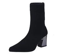 Black Pointed Ankle Boots Women - Mid Heel Ankle Boots Women Breathable Chunky Boot Knitting Comfy Sock Shoes Solid Pointed Heels High Classic Elegant Short Shoes Party Gathering Booties