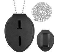 Black Police Badge Holder, Universal Leather Sheriff Badge Holder Belt Clip with Spring Clip and Neck Chain