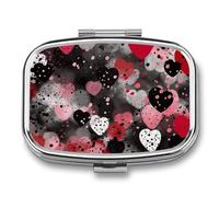 Black Polka Dot Heart Pill Box - 2 Compartment Travel Pill Organizer with Small Mirror, Portable Pillcase for Pocket & Purse, Cute Square Medicine Case, Weekly Medicine Container