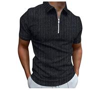 Black Polo Shirt Men Summer Casual Zip up Solid Color Lapel Stripes V Neck Short Sleeve T Shirt Muscle Fit Breathable Lightweight Comfy Classic Stylish Golf Tees Sport Running Tshirt T-Shirt