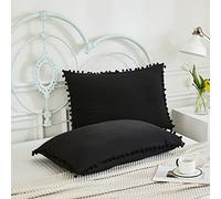 Black Pom Poms Pillowcases, Queen Pillow Cases Set of 2, 100% Washed Microfiber, Ball Fringe Pillow Cover, 2 Pack