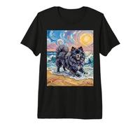 Black Pomeranian Playing on a Summer Beach Artwork Premium T-Shirt