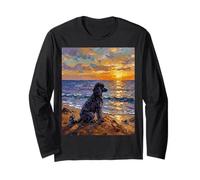 Black Poodle Dog on the Beach at Sunset Artwork Long Sleeve T-Shirt