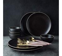 Black Porcelain Dinner Set with PVC Placemat Ceramics Tableware Combination Set, A, 21pcs (A 30pcs),A,30pcs