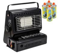 Black Portable Gas Heater Outdoor Fishing Camping 1.3kW Butane Gas Heater - Compact And Lightweight Ceramic Burner - Auto Ignition and Heat Control and Safety Grill (Heater + 4 Canisters)