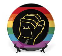 Black Power Fist Flag BLM Pride Rainbow Ceramic Decorative Plates for Display Ornaments with Stand for Kitchen Home Decor 6inch