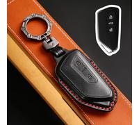 Black Premium Genuine Leather Car Key Case Compatible with VW Volkswagen Golf 8 Cupra Formentor Born Seat Leon Ateca Skoda Octavia Enyaq ID3 ID4 3 buttons Car Key Protective with Keychain