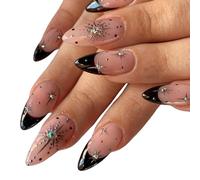 Black Press on Nails,24Pcs French Tips False Nails,Medium Almond Acrylic Nails,False Nails with Glue,Medium Almond Acrylic Nai/ls,Nai/l Press Shiny Fals/e Nail/s with Diamond Stars Light Designs