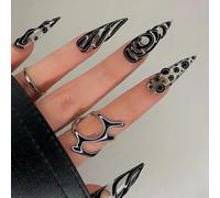 Black Press on Nails Long Stiletto Fake Nails Almond Shape False Nails with 3D Irregular Transparent Design Y2K Acrylic Nails Halloween Glue on Nails Black Swirl Natural Stick on Nails Nails for Women