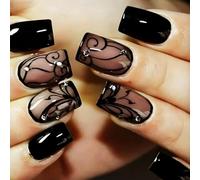 Black Press on Nails with Dark Vine Design, Glossy Ins Medium Square False Nails Rhinestones Acrylic Fake Fingernails Curve Line Stick on Nail Crystal Gel Glue on Nail for Women Girls 24Pcs