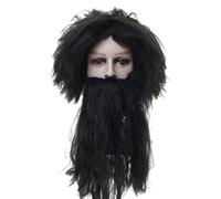 Black Primitive Wig and Beard Set, Mens Character Layered Curly Grey Wig, Fake Beard, Dress Up Costume Accessories for Adult Halloween, Christmas Cosplay Party