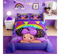 Black Princess Girl Comforter Set Twin Size,African Kids Teens American Bedding Set Glitter Starry Sky Rainbow Purple Quilted Duvet Cute Bedroom Decor Pretty Girl Magical Bedspread 2Pcs,1 Pillowcase