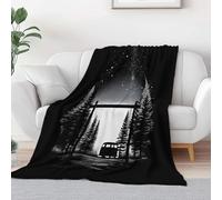 Black Print Flannel Blanket Throw 71 x 79 inch, Luxurious Super Soft Warm Cosy Throws Kids Adults Bedding Countryside Forest Night Sky Camper Van for Bed Sofa Travel Fluffy Blanket