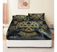 Black Printed Double Size Fitted Sheet, Soft Brushed Microfiber With 30 cm Deep Pocket Fitted Bed Sheets, Viking Golden Raven Rune Pattern Bedding set For Kids Aldult Room Decor, 140 x 190 cm