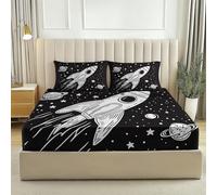 Black Printed Single Size Fitted Sheet, Hand-Painted Graffiti Space Rocket theme Luxury Washable Bed Sheets, Soft Brushed Microfiber Fade Resistant Breathable Bedding 90 x 190 cm with 2 Pillow cases