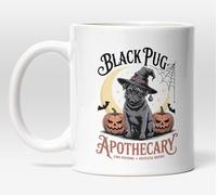 Black Pug Apothecary Mug - Halloween Witch Dog Vintage - Fine Potions Mystical Brews - 11oz Ceramic