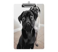 Black Pug Dog Print Acrylic Clipboard 8.5 X 12.5 Inches | Lightweight A4 Clipboards with Pen Holder for Office, Students, Nurses, Teacher, Students,Women, Men, Girls, Boys