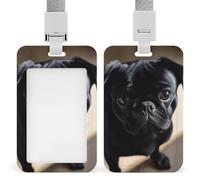 Black Pug Dog Puppy ID Badge Holder Durable ABS Plastic Card Case Protector with Lanyard,Push-Pull Slot,Stylish Lanyard ID Card Holders for Office Corporate Use