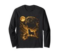 Black Pug Howling to The Moon Retro Forest River Landscape Long Sleeve T-Shirt