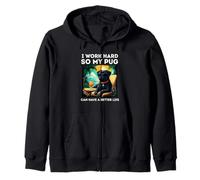 Black Pug Lover I Work Hard Design Funny Pug Zip Hoodie