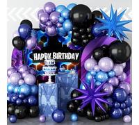 Black Purple Blue Balloon Arch Garland Kit, 127Pcs Navy Light Blue Metallic Lavender Violet Black Latex Balloons with Chrome Explosion Star Balloons for Kids Game Birthday Outer Space Party Decoration