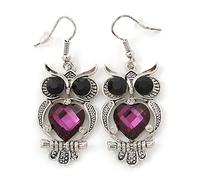 Black/Purple Crystal Owl Drop Earrings/Silver Tone/ 50mm L