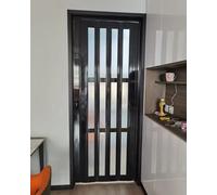 Black PVC Concertina Folding Door with Grid Window & Handle - Magnetic Retractable Room Divider for Kitchen & Bathroom, 74x80in (188x203cm)