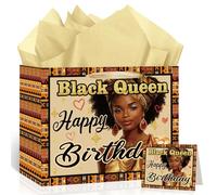 Black Queen Birthday Gift Bag with Card & 3 Sheets Gold Tissue Paper, Elegant Afrocentric Melanin Theme Present Bag for Women, Large Luxury African Girl Party Gift Wrap for Her