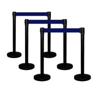 Black Queue Barrier with 3Meter Blue Retractable Belt | Crowd Control Stanchion with Weighted Base | 4-Way Connectable Belt Barrier for Queue Management in Shops, Airports & Businesses - Set of 6