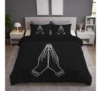 Black Quilt Cover Duvet Cover Set, Bedding Set in Brushed Microfibre with Pillowcases, Minimalist, Small Double 180 X 220 cm, Hands Namaste Gesture, Soft Feel, Easy Care, Neat Finish