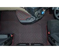 Black Quilted Truck Floor Mats with Red Stitching Compatible with Mercedes Actros MP4 / MP5 Flat Floor Version with Folding/Lifting Passenger Seat - Full Eco-Leather Set